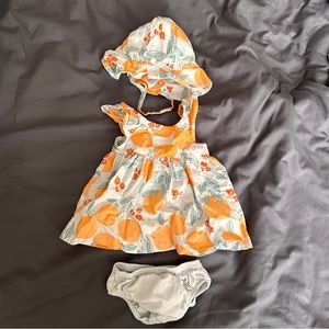 Carter's Newborn Baby Girl Orange Citrus Print Dress Hat Bloomer 3 Piece Set